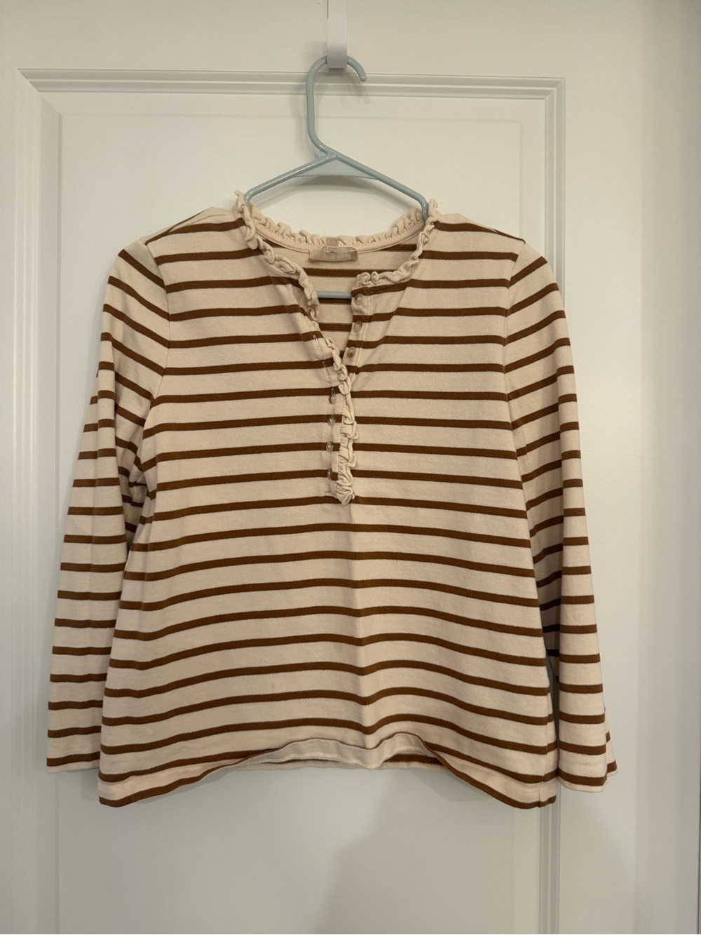 Sezane Cream and Brown Striped Ruffle Henley